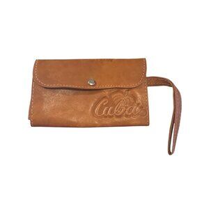 Vintage Cuba Leather Wristlet Wallet Tan Embossed Palm Snap Clutch Boho Retro